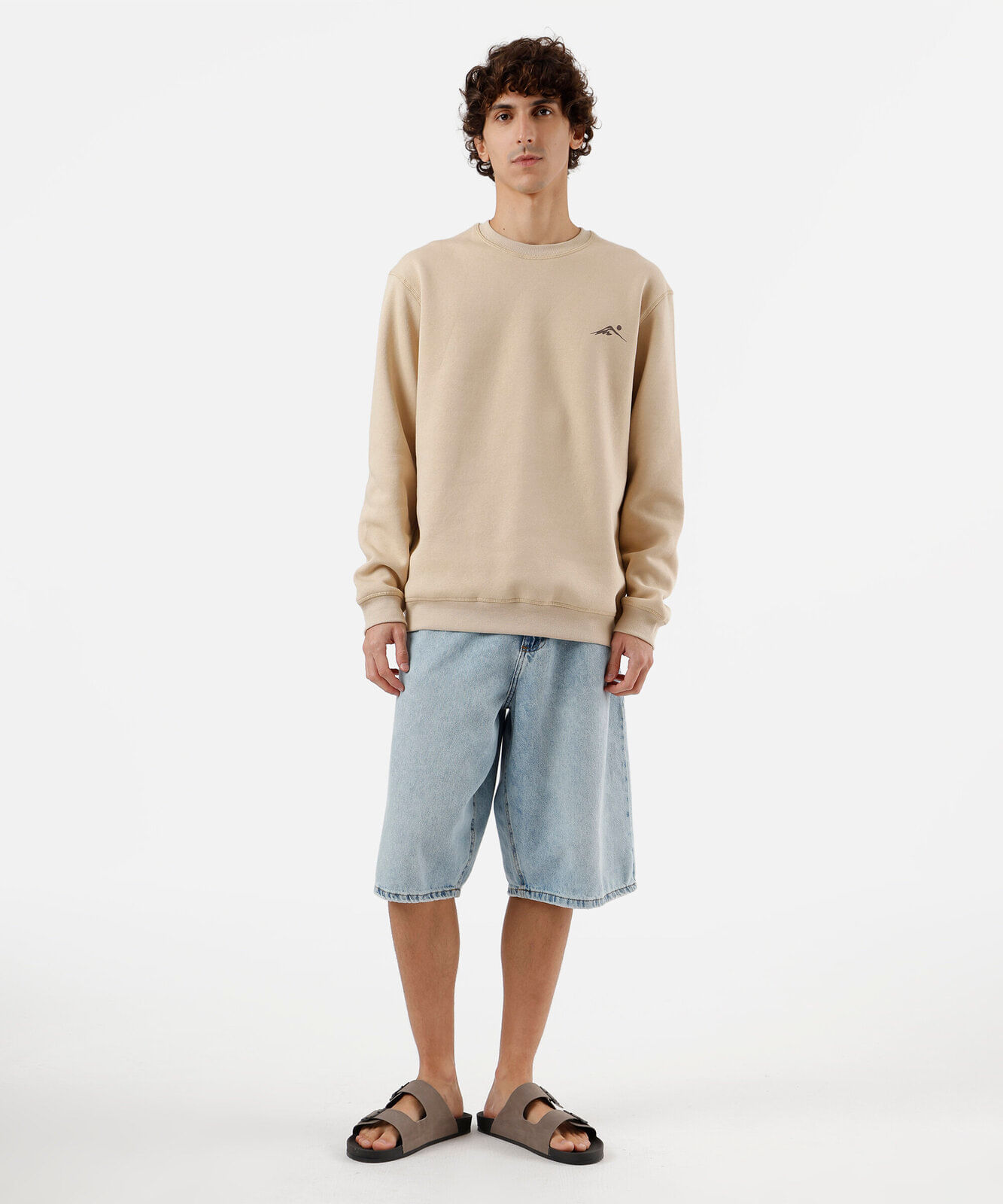 blusão masculino de moletom gola redonda estampado bege