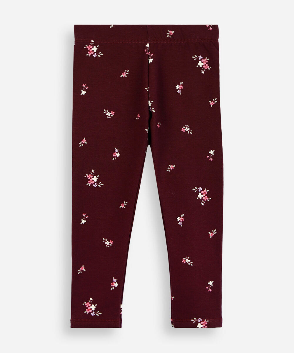 calça legging infantil de algodão felpado floral vinho