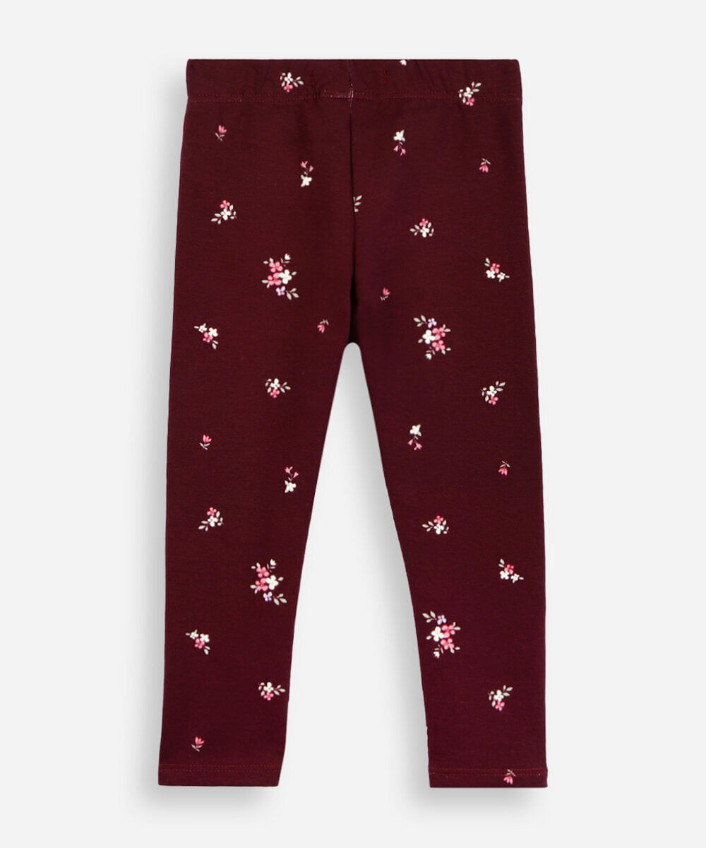 calça legging infantil de algodão felpado floral vinho