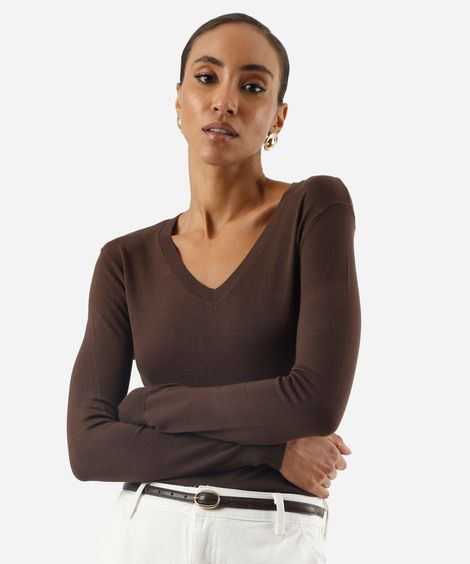 suéter básico feminino de tricot gola v marrom