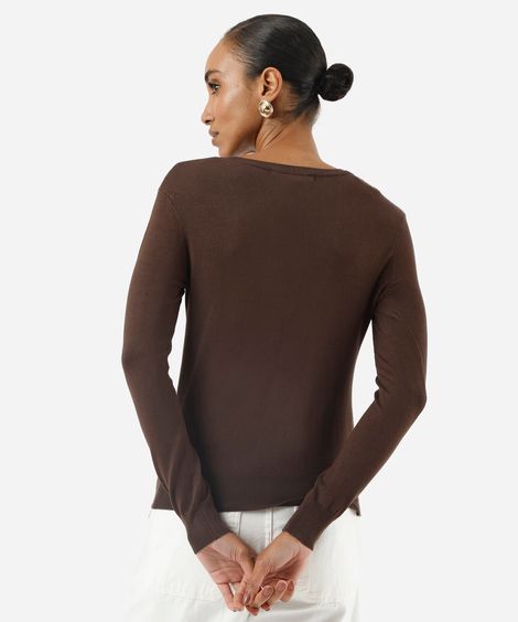 suéter básico feminino de tricot gola v marrom