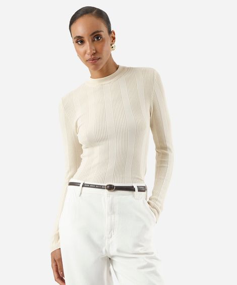 suéter básico feminino de tricot canelado bege