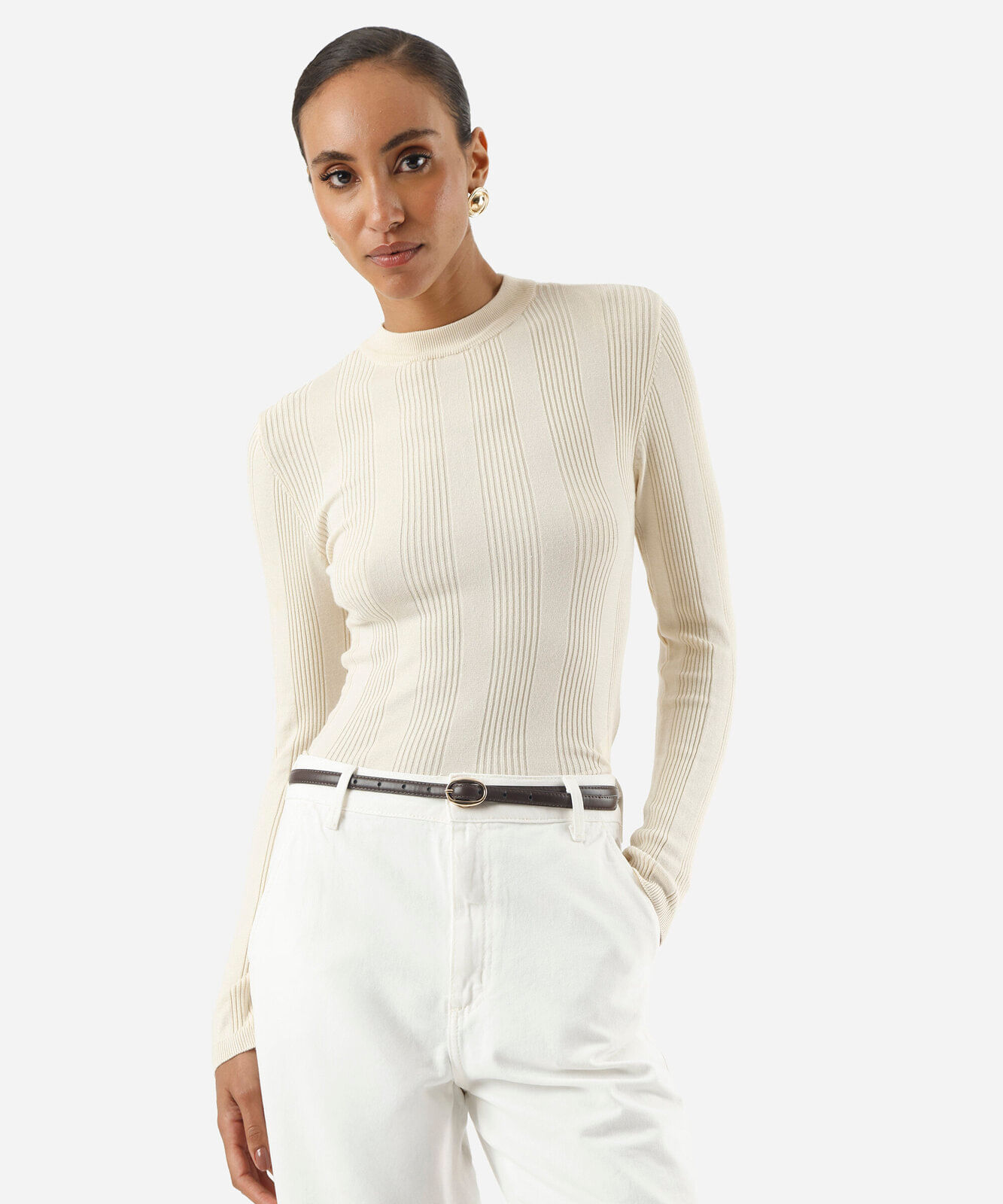 suéter básico feminino de tricot canelado bege