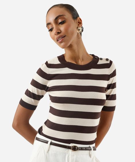 blusa feminina de tricot manga curta listrada  marrom