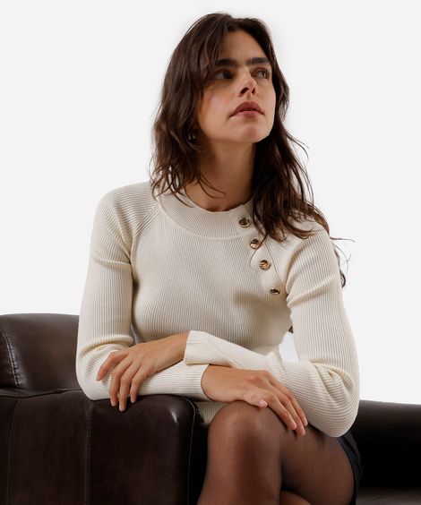 suéter feminino de tricot com botões canelado  off white