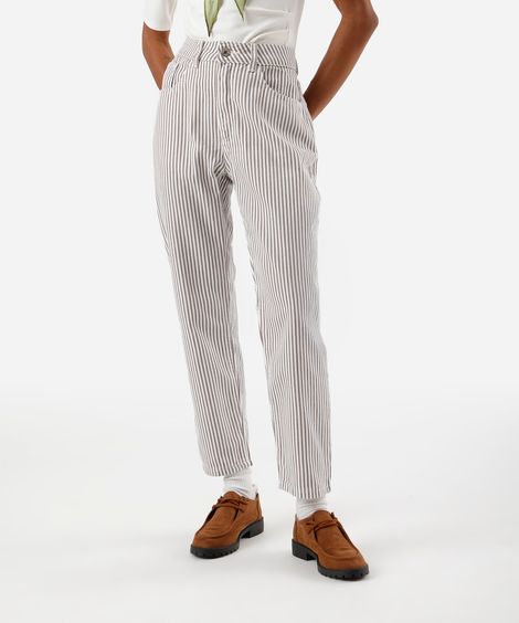 calça mom feminina de sarja cintura alta listrada marrom