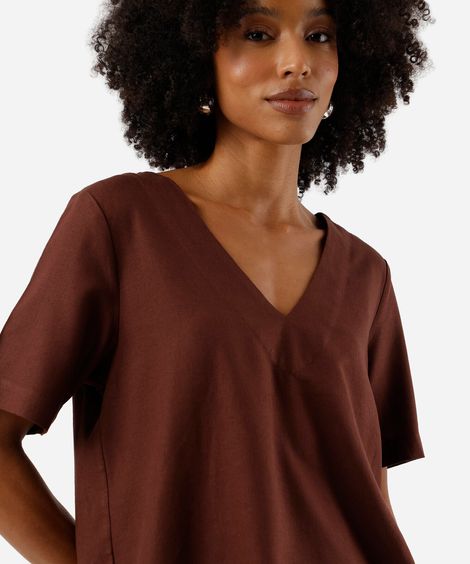 blusa feminina com linho decote v marrom