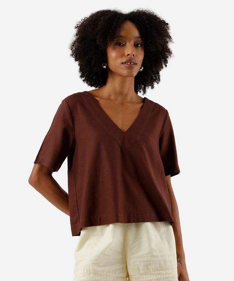 blusa feminina com linho decote v marrom
