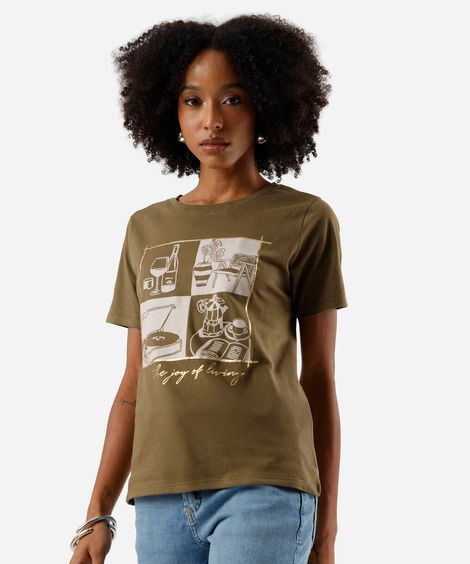 camiseta feminina de algodão estampada verde