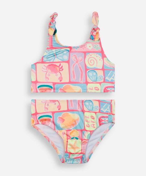 biquíni infantil estampado com proteção uv rosa