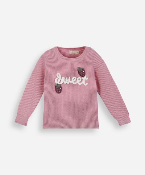 suéter infantil de tricot manga longa sweet rosa