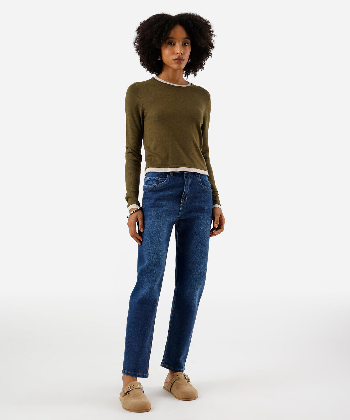 suéter básico feminino de tricot bicolor verde