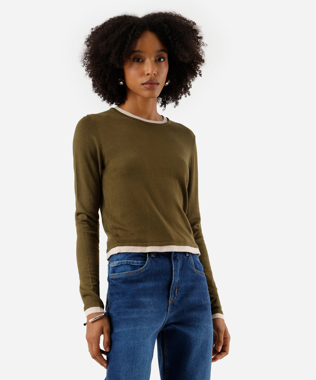 suéter básico feminino de tricot bicolor verde
