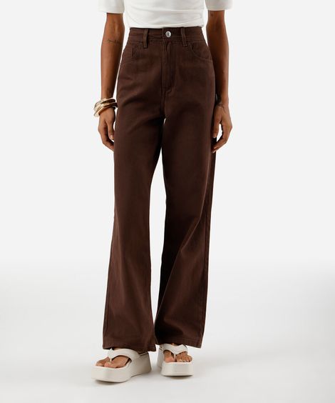 calça wide leg slim feminina de sarja marrom