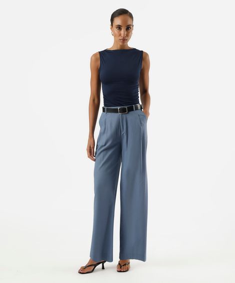 calça wide leg de alfaiataria feminina com linho e pregas azul