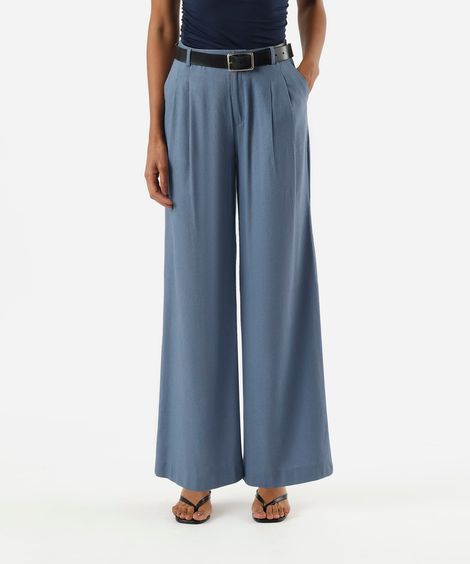 calça wide leg de alfaiataria feminina com linho e pregas azul