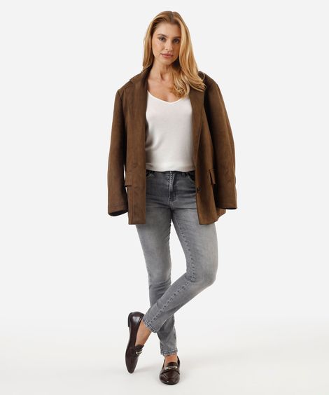 calça skinny feminina jeans com fendas cintura alta cinza