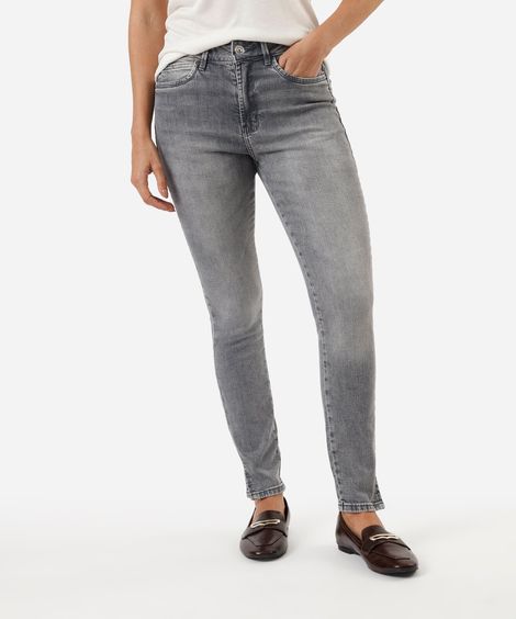 calça skinny feminina jeans com fendas cintura alta cinza