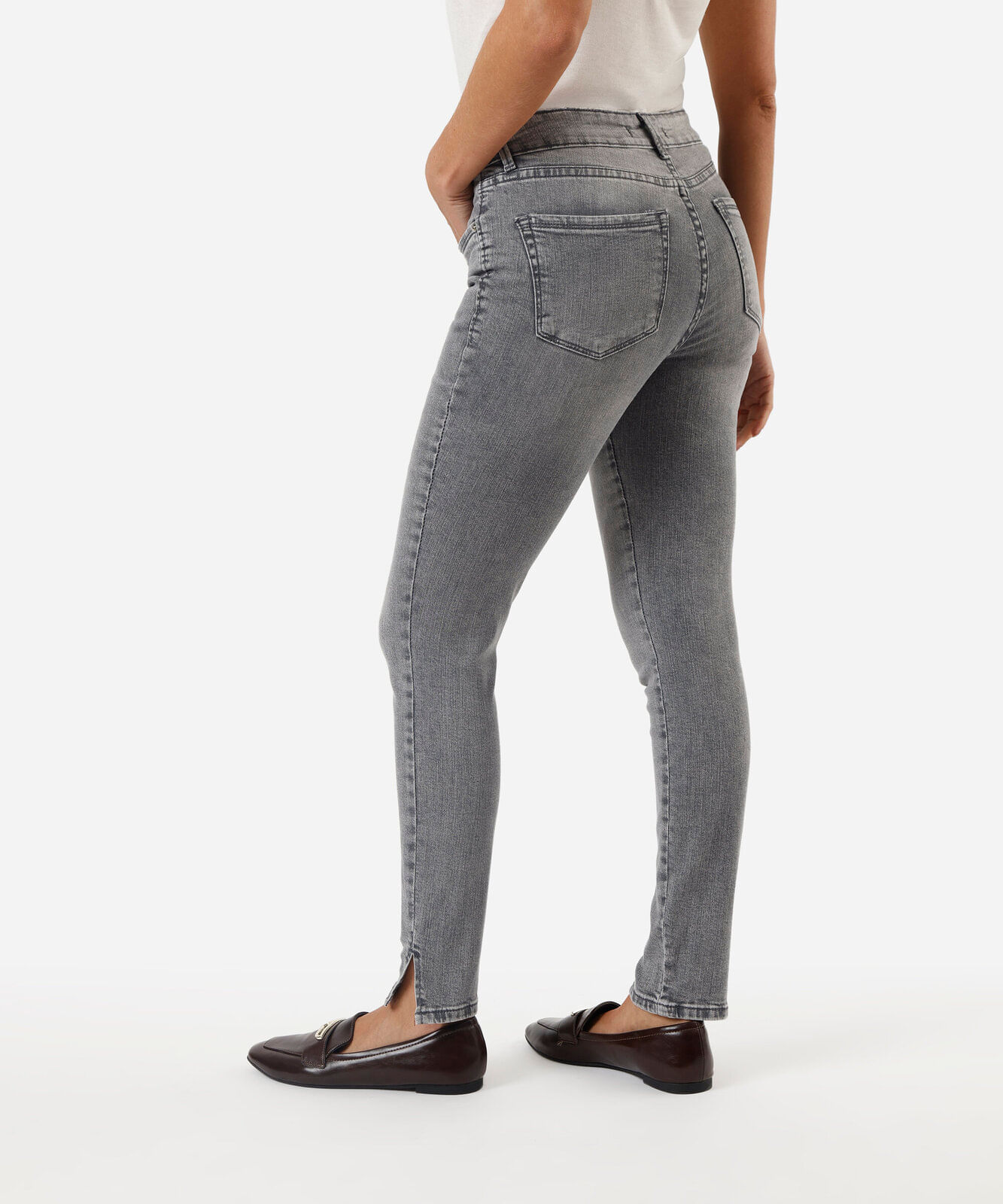 calça skinny feminina jeans com fendas cintura alta cinza