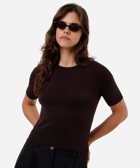 blusa cropped feminina de tricot manga curta marrom