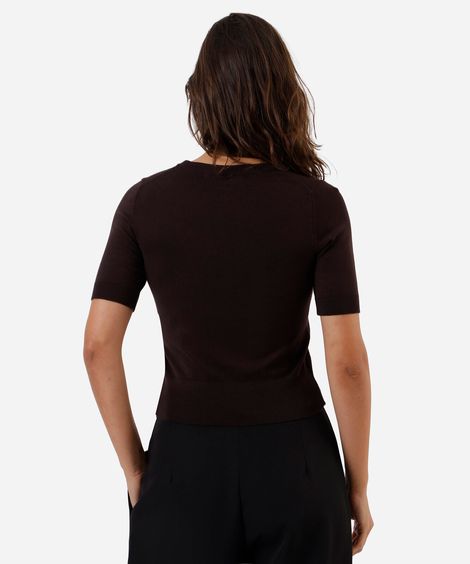 blusa cropped feminina de tricot manga curta marrom