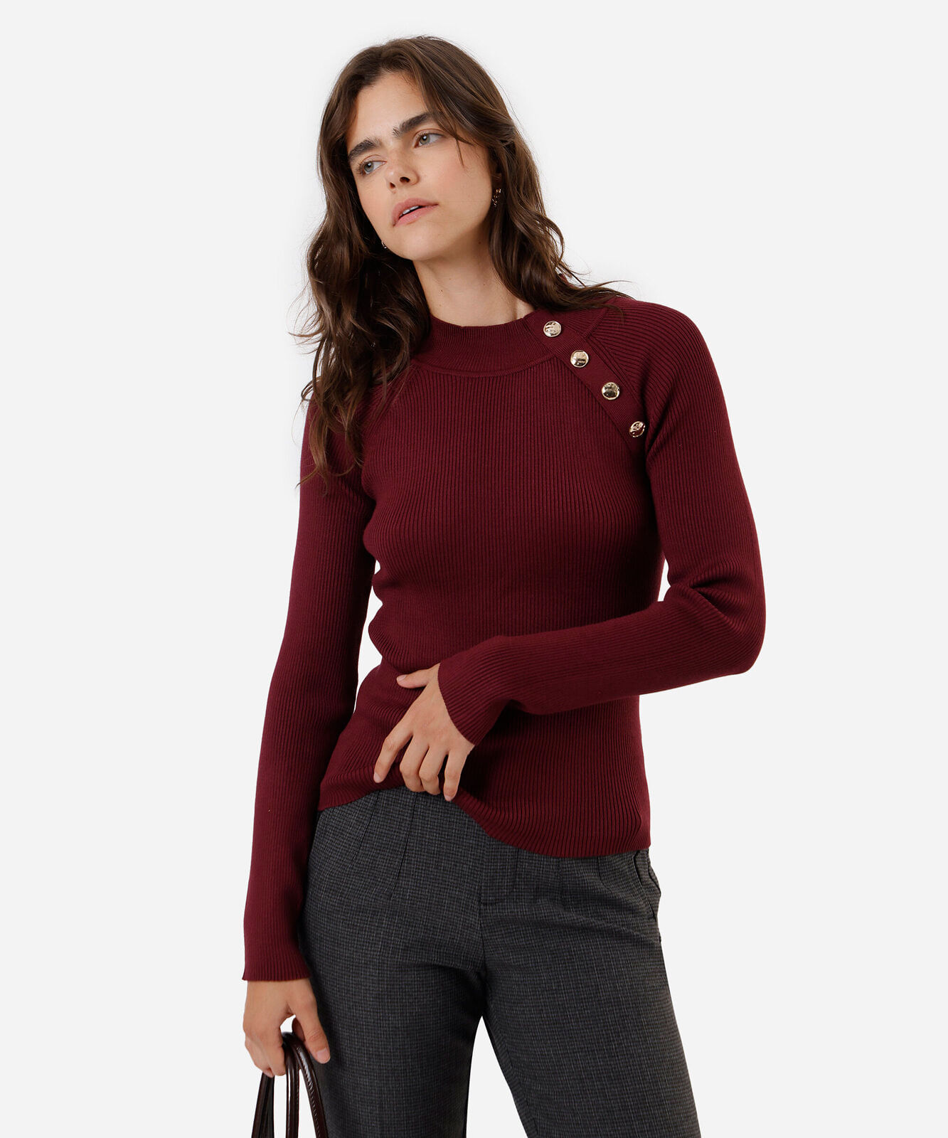 suéter feminino de tricot com botões canelado vinho