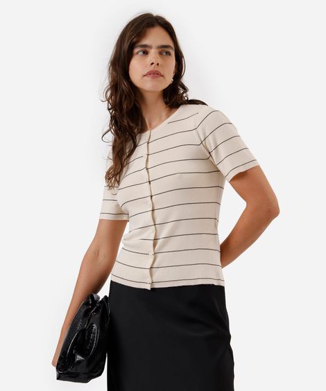 cardigan feminino de tricot manga curta listrado bege