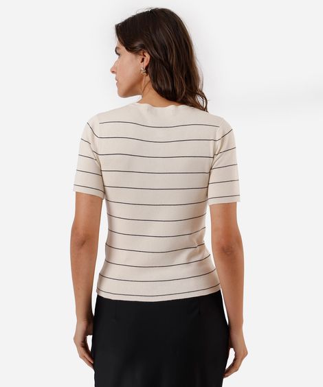 cardigan feminino de tricot manga curta listrado bege