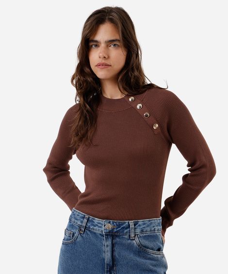 suéter feminino de tricot com botões canelado  marrom