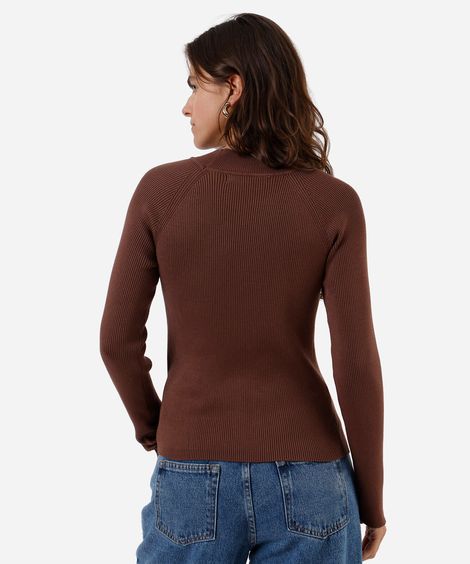 suéter feminino de tricot com botões canelado  marrom