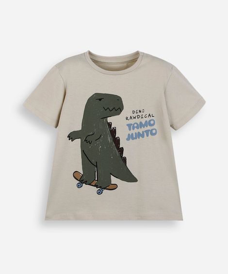 camiseta infantil de algodão manga curta dinossauro bege