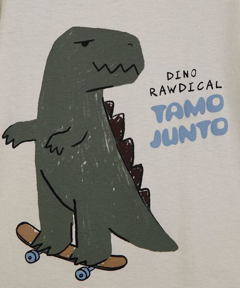 camiseta infantil de algodão manga curta dinossauro bege