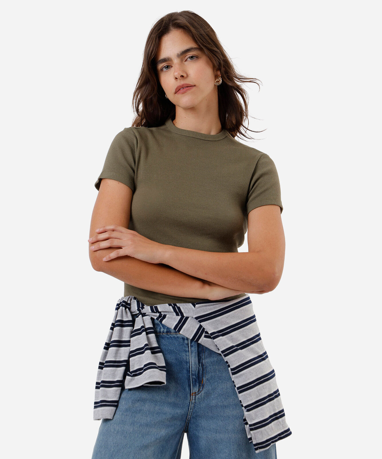 blusa feminina de algodão canelada manga curta verde
