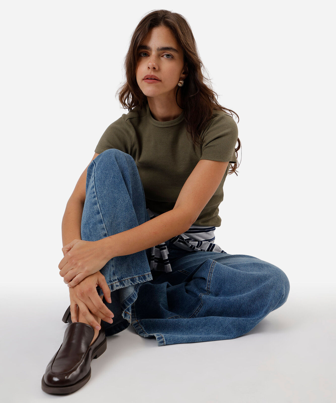 blusa feminina de algodão canelada manga curta verde