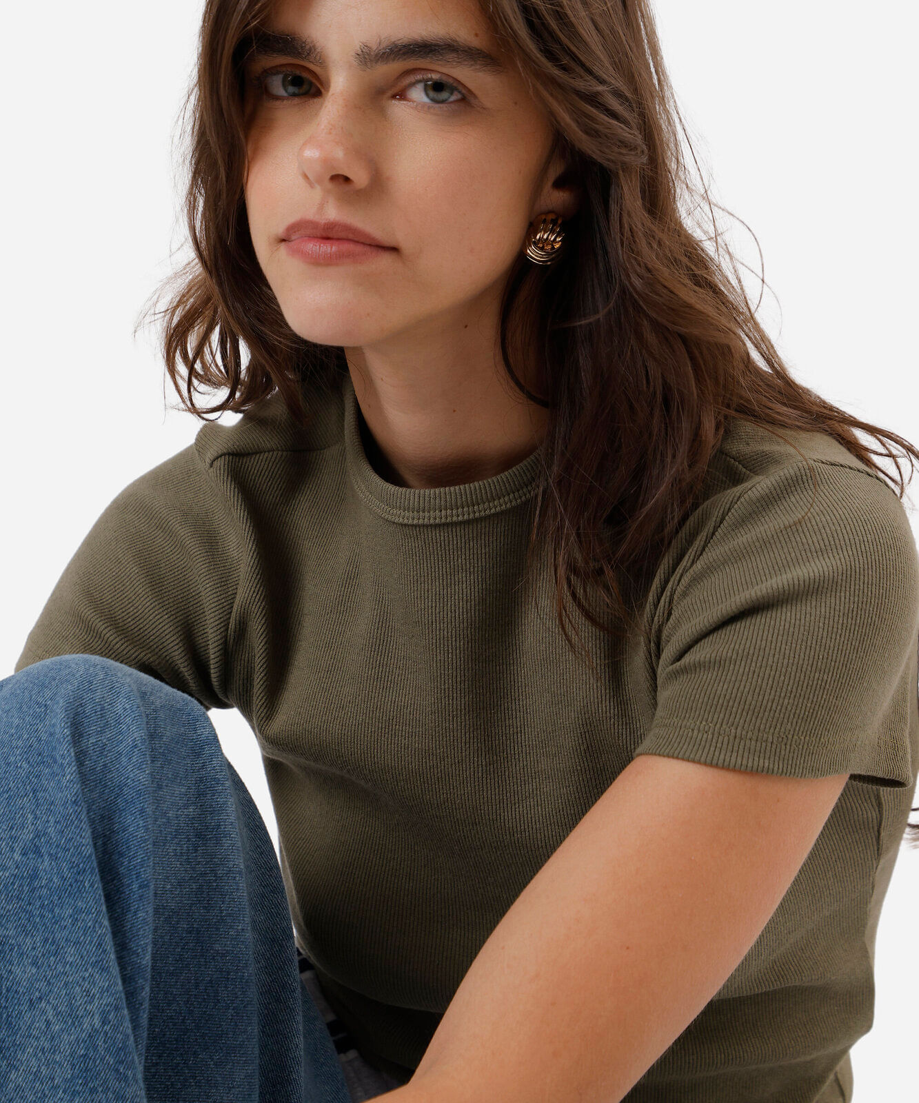 blusa feminina de algodão canelada manga curta verde