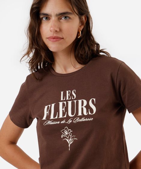 camiseta feminina de algodão estampada marrom