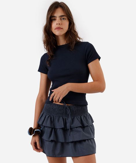 blusa feminina de algodão canelada manga curta azul