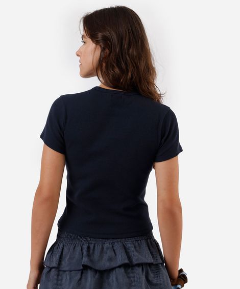 blusa feminina de algodão canelada manga curta azul