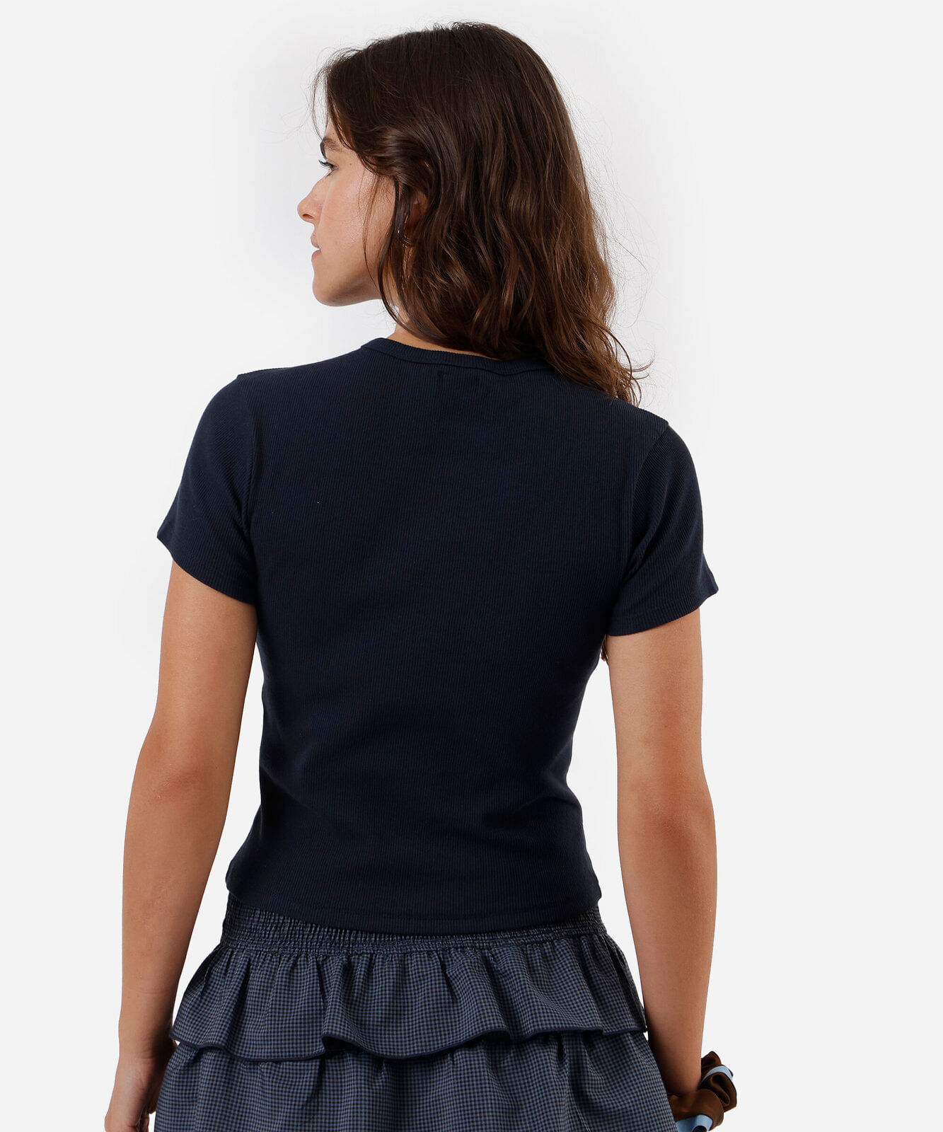 blusa feminina de algodão canelada manga curta azul