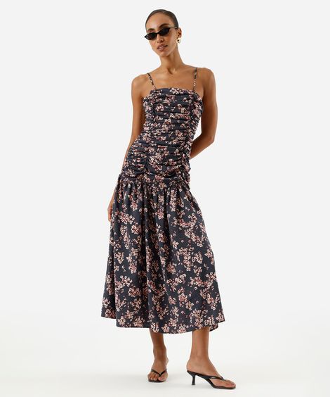 vestido midi alça fina feminino com viscose franzido floral roxo