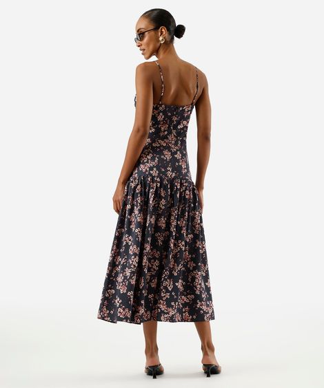 vestido midi alça fina feminino com viscose franzido floral roxo