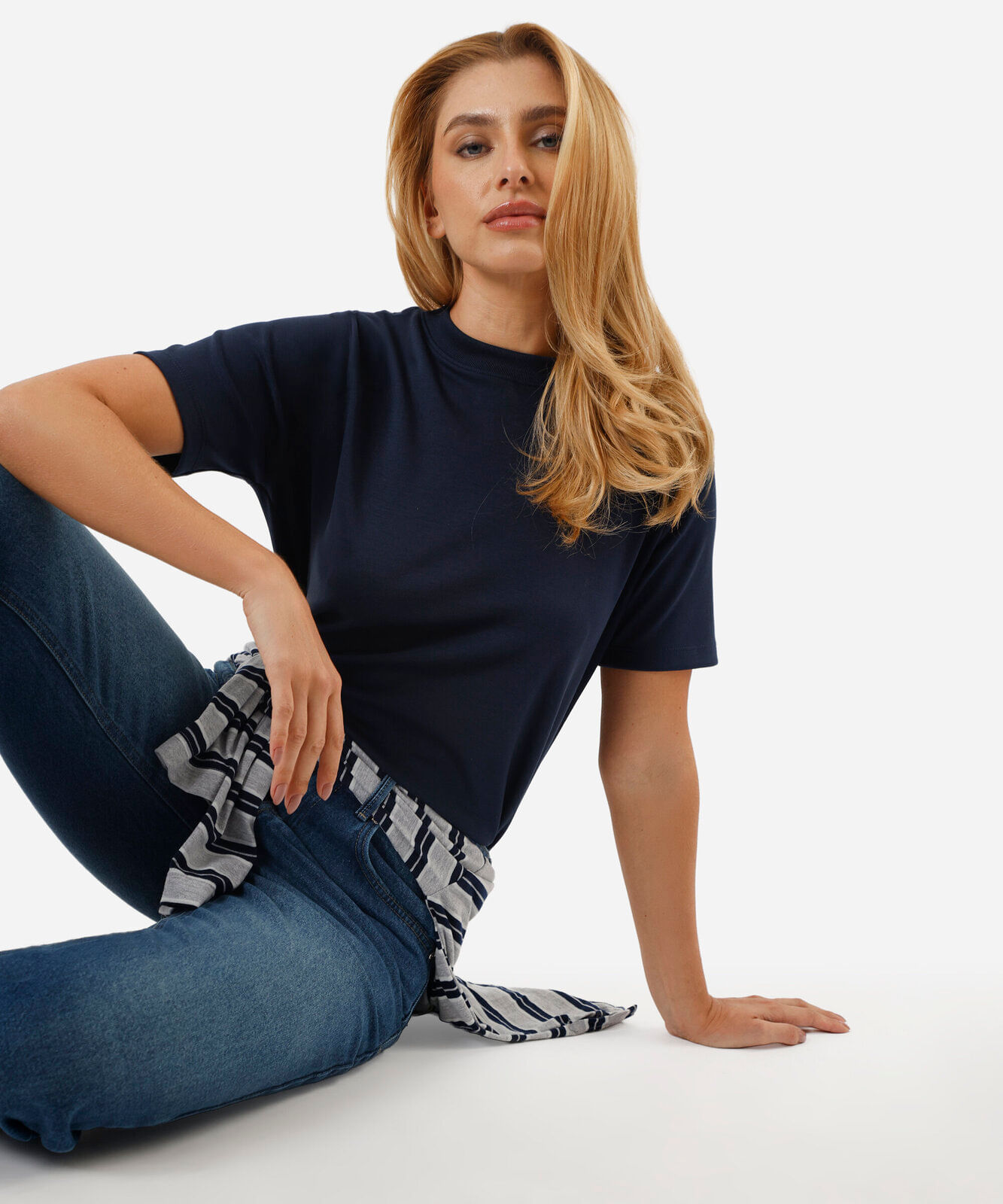 camiseta básica feminina de algodão peruano azul