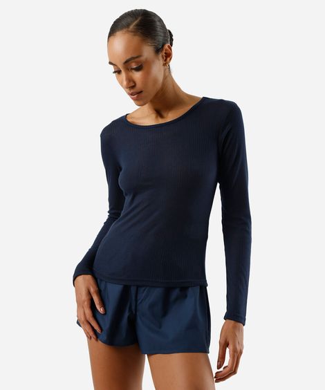 blusa de pijama avulsa feminina manga longa canelada azul