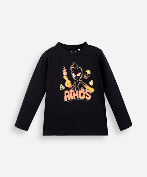 camiseta infantil com algodão manga longa athos minecraft preta