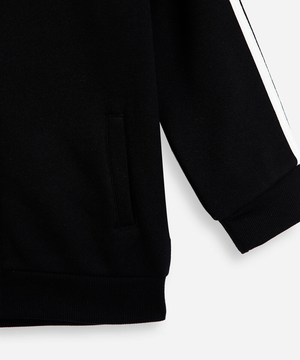 jaqueta infantil de moletom raglan com listras preta