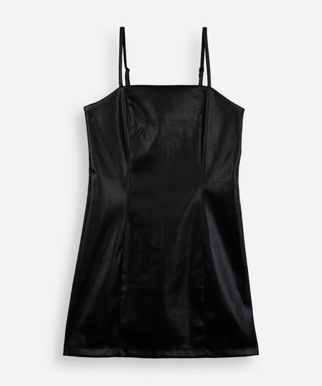 vestido curto juvenil de poliuretano alça fina preto