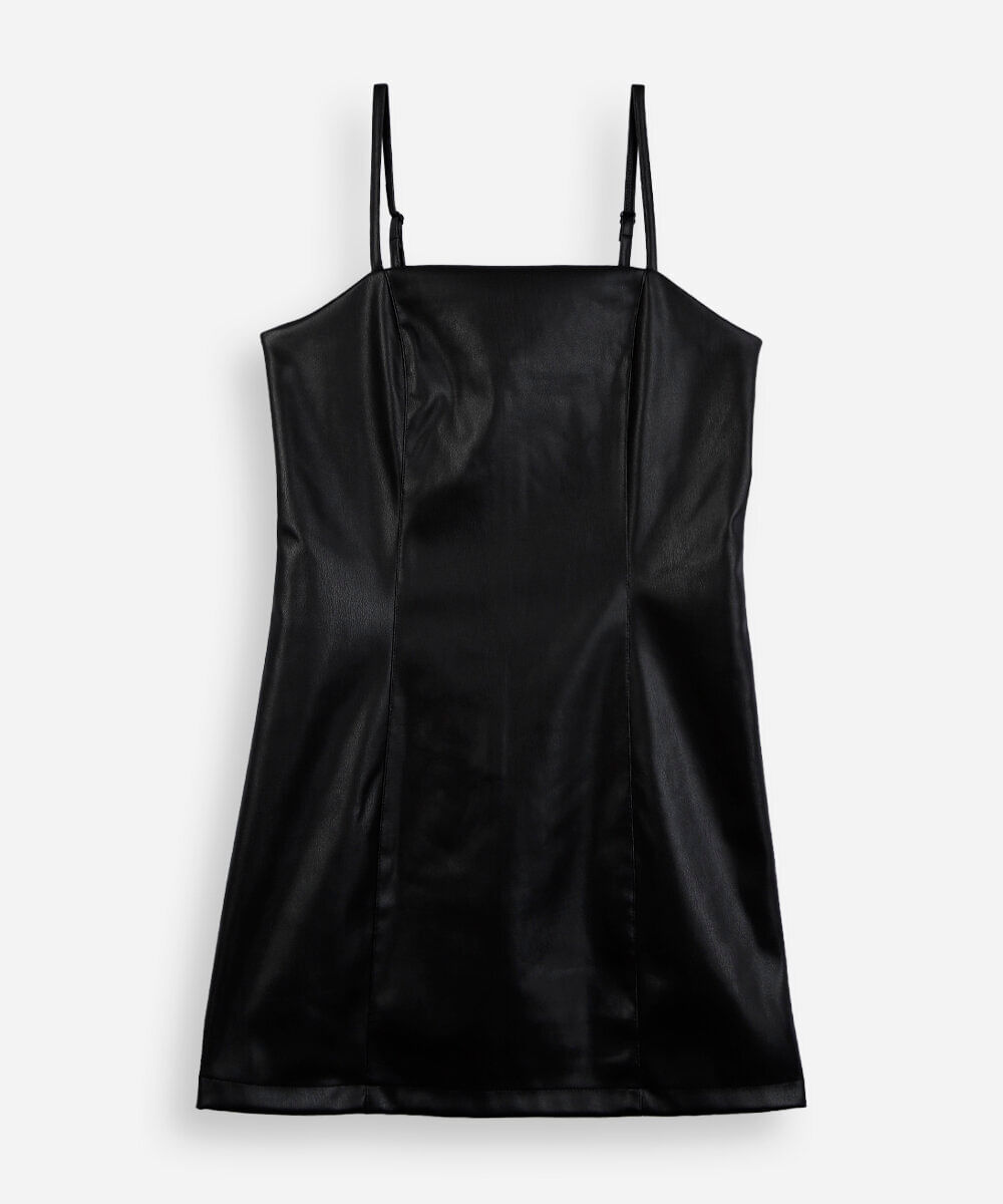 vestido curto juvenil de poliuretano alça fina preto