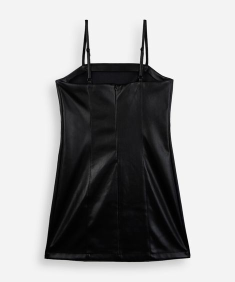 vestido curto juvenil de poliuretano alça fina preto