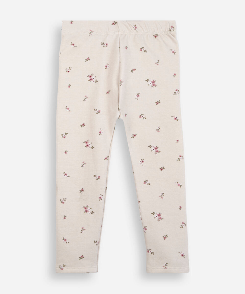 calça legging infantil de algodão felpado floral bege
