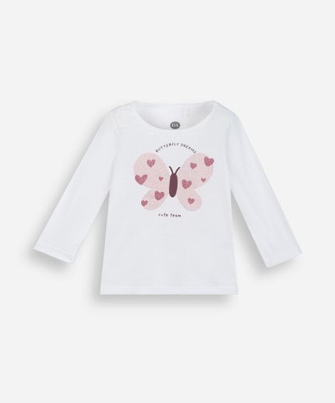 blusa infantil de algodão manga longa borboleta off white